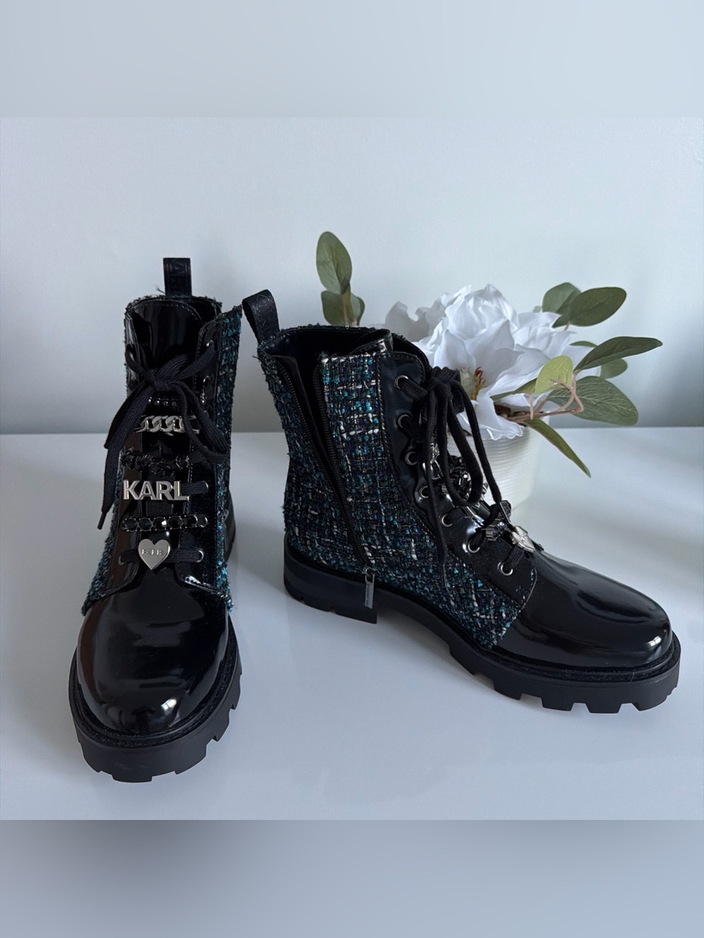 Karl Lagerfeld Paris Mela Combat Boots Tweed Women's Size 10M NO BOX